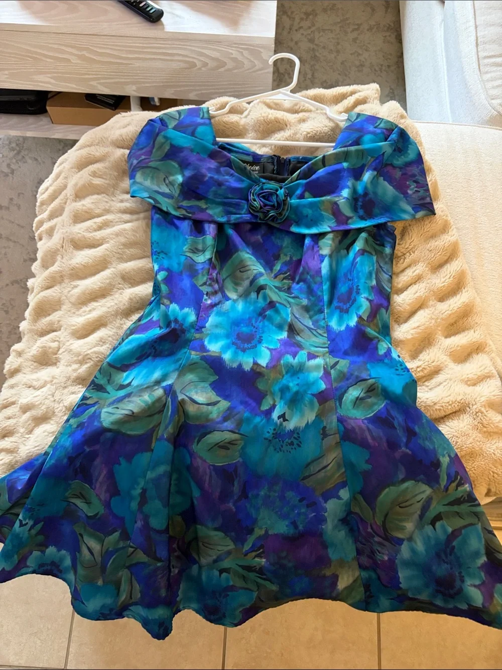 Floral Off-Shoulder Blue & Teal Fit-and-Flare Dress